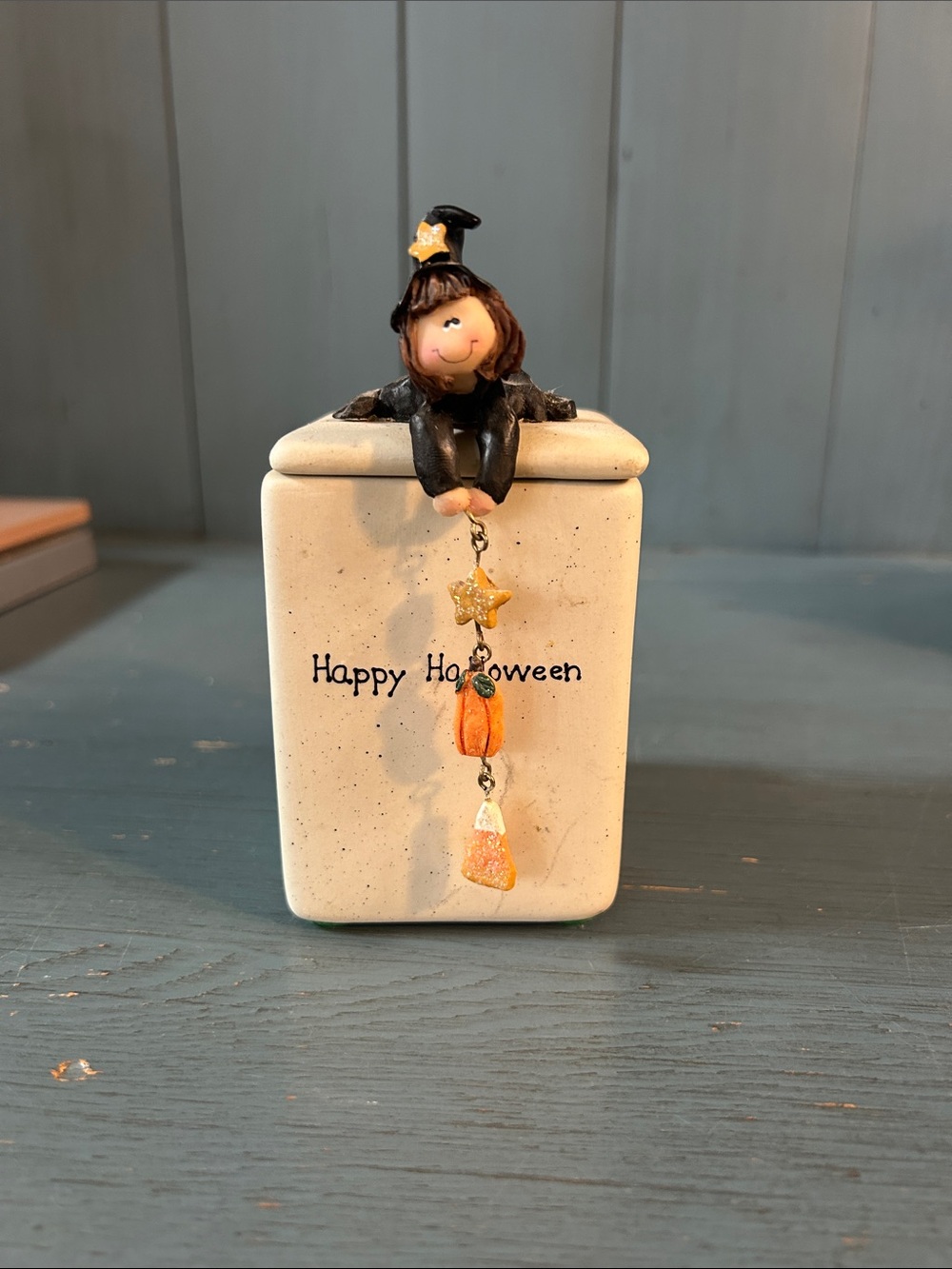 Vintage Happy Halloween Unlit Candle - Little Witch Holding Pumpkin & Candy